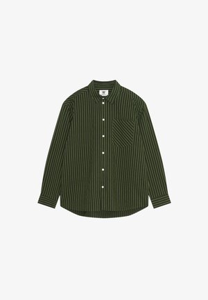 Grüne Button-Down-Hemd mit weißen, vertikalen Streifen, langen Ärmeln, Kragen und einer einzelnen Brusttasche mit diagonalen Streifen. Weicher Stoff.