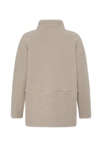 Veste polaire beige à manches longues avec un col montant et un tissu doux et texturé, vue de dos.