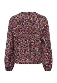 Blouse fleurie à manches longues, avec un fond noir et de petites fleurs roses, vertes et blanches. Tissu doux avec une coupe décontractée.