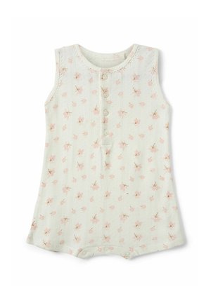 Sleeveless white baby romper with pink floral pattern, front buttons, and snap closures at the bottom for easy diaper changes.