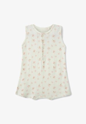 Hihaton valkoinen vauvan haalari, jossa on vaaleanpunainen kukkakuosi, nappikiinnitys edessä ja tryckknappikiinnitykset alaosassa vaipanvaihtojen helpottamiseksi.