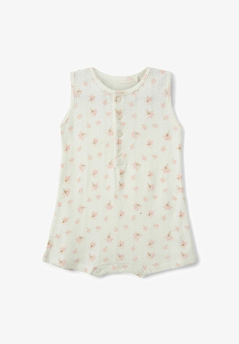 Combinaison bébé blanche sans manches avec motif floral rose, boutons à l'avant et pressions au bas pour faciliter le change.