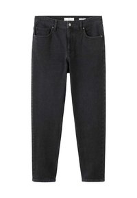 Vaqueros de mezclilla negra con corte de pernera recta, que cuentan con dos bolsillos delanteros, un solo bolsillo trasero y cierre de botón y cremallera.