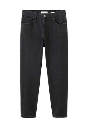 Jeans in denim nero con taglio a gamba dritta, dotati di due tasche frontali, una tasca posteriore singola e chiusura con bottone e cerniera.