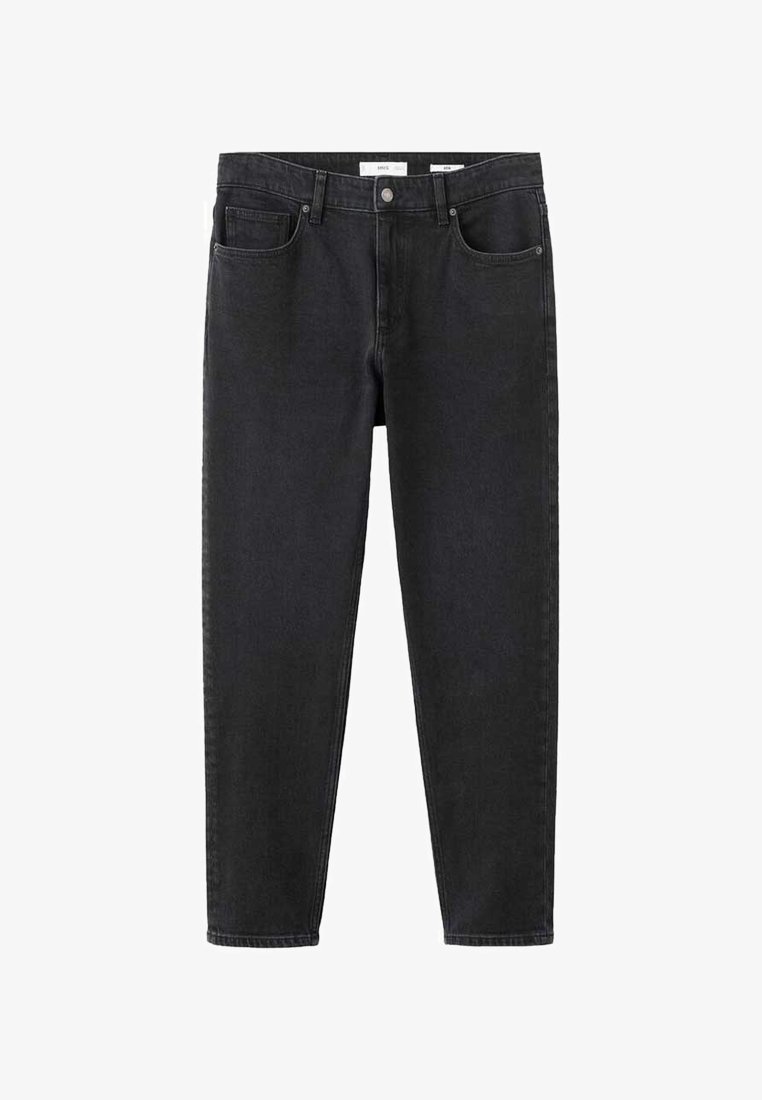 Jean en denim noir à coupe droite, avec deux poches avant, une poche arrière unique, et une fermeture par bouton et zip.