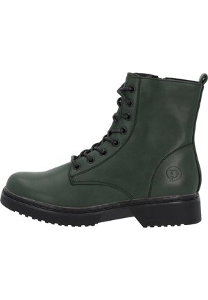 Green faux leather ankle boot with black laces, rounded toe, low heel, and a logo on the side. Textured vamp and sturdy rubber sole.