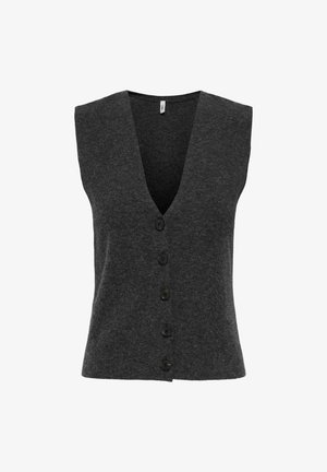 Grauer ärmelloser Cardigan mit tiefem V-Ausschnitt, sechs schwarzen Knöpfen entlang der Vorderseite und einer weichen Stricktextur.