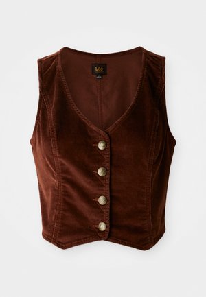 Brūns korduroja bez piedurknēm tops ar dziļu V-veida kakla izgriezumu un pieciem zelta pogām, ar teksturētu virsmu un pieguļošu dizainu.