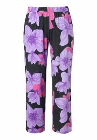 Hose mit Blumenmuster und elastischem Bund, mit großen lila und pinken Blumen auf schwarzem Hintergrund, aus weichem Stoff gefertigt.