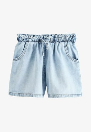 Svetlo modri kratki jeans hlače z elastičnim pasom, vrvico, dvema stranskima žepoma in sproščenim krojem. Imajo vidno šivanje in gladko teksturo.