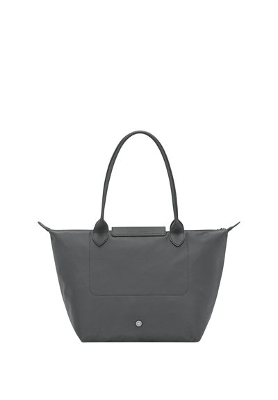 Dark gray tote bag with two shoulder straps, a front pocket flap, and a snap button closure at the bottom center.