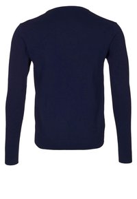 Mörkblå stickad tröja, rundad hals, långa ärmar, slät yta, figurnära design, ribbad nederkant och ärmslut, minimalistisk, enfärgad.