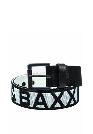 Black fabric belt with a shiny white and black logo, featuring a rectangular metal buckle and smooth texture.