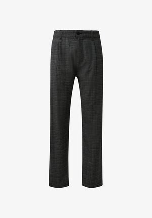 Hallid ruudulised püksid sirge lõikega, millel on vöökoht nööbiga kinnitusega, küljetaskud ja tekstuuriga kangapind.