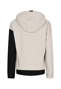 Felpa con cappuccio, corpo beige, manica sinistra nera, orlo inferiore nero e manica destra beige, vista da dietro.