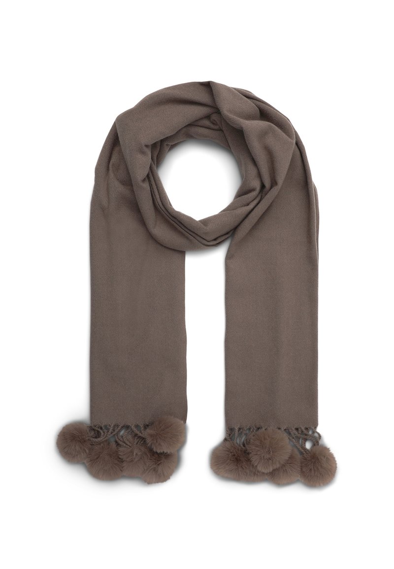 Sciarpa marrone realizzata in materiale morbido, con estremità testurizzate decorate con diversi pompon in peluche per un tocco di dettaglio in più.