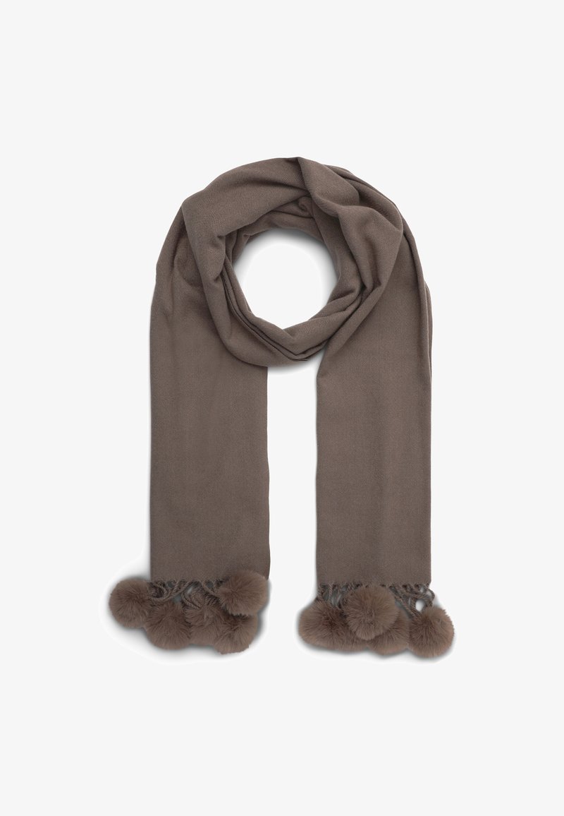 Sciarpa marrone realizzata in materiale morbido, con estremità testurizzate decorate con diversi pompon in peluche per un tocco di dettaglio in più.