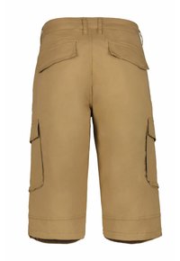 Khaki cargo shorts med en knælængde, lavet af en bomuldsblanding, med sidelommer og en glat tekstur.