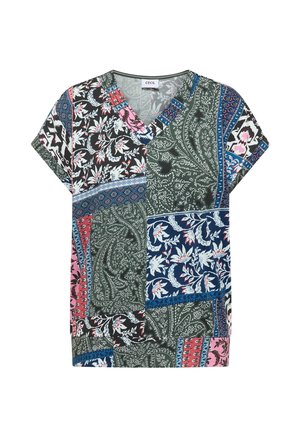 Haut à manches courtes et encolure en V avec un patchwork multicolore de motifs floraux et cachemire en noir, vert, bleu, rose et rouge.