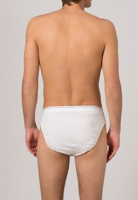 Witte katoenen slipjes met een zachte textuur, met een eenvoudig ontwerp en een zilverkleurige elastische tailleband, gezien vanuit de achterkant.