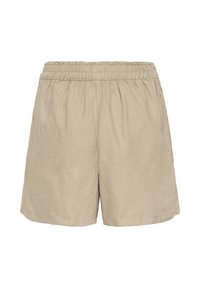 Shorts à taille élastique beige avec une coupe ample et un design simple, fabriqués en tissu léger.
