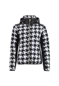 Schwarz-weißer Fleece-Jacke im Hahnentritt-Muster mit durchgehendem Reißverschluss, Kapuze und schwarzen gesteppte Seiten. Mit goldenen Hardware-Akzenten.