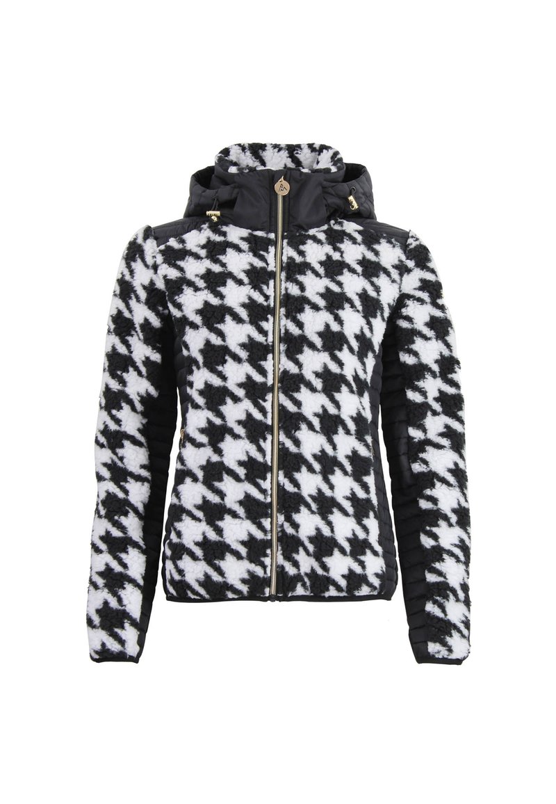 Schwarz-weißer Fleece-Jacke im Hahnentritt-Muster mit durchgehendem Reißverschluss, Kapuze und schwarzen gesteppte Seiten. Mit goldenen Hardware-Akzenten.