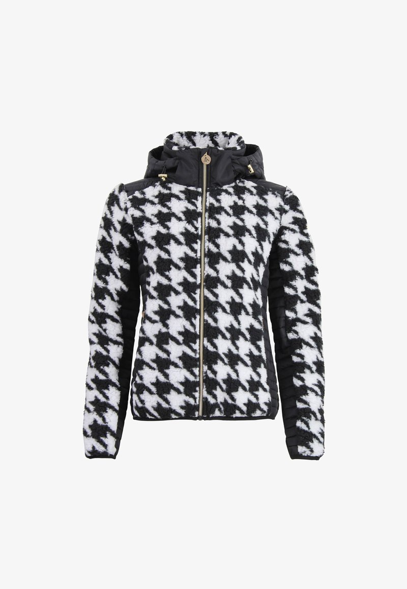 Schwarz-weißer Fleece-Jacke im Hahnentritt-Muster mit durchgehendem Reißverschluss, Kapuze und schwarzen gesteppte Seiten. Mit goldenen Hardware-Akzenten.