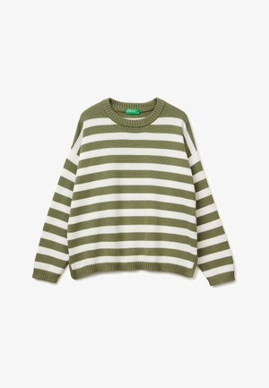 Pull en tricot avec rayures horizontales vert olive et blanc, col rond, poignets et ourlet côtelés.