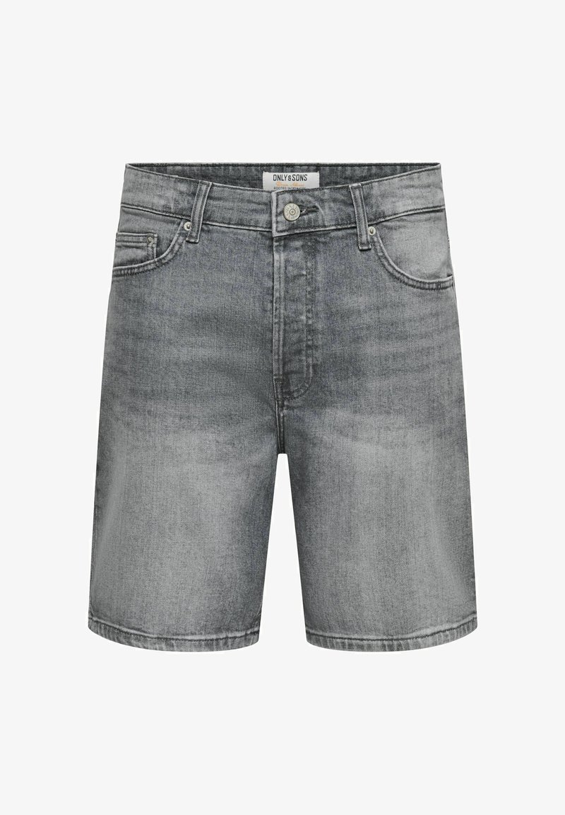 Shorts en denim gris avec bouton frontal, passants pour ceinture et style cinq poches, étiquetés ONLY & SONS à la ceinture.