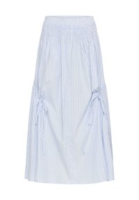 Jupe midi bleu clair à rayures verticales blanches, taille élastique froncée et fronces latérales réglables avec liens.