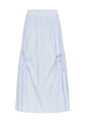 Lyseblå midi-nederdel med hvide lodrette striber, elastisk samlet talje og justerbar sideskråning med snøre.