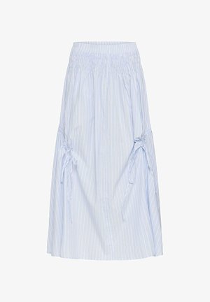 Lichtblauwe midi-rok met witte verticale strepen, elastische geplooide tailleband en verstelbare zijkant met strikjes.