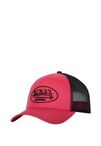 Rosa Trucker-Cap mit schwarzem Netzback, gebogenem Schirm und schwarzem gesticktem Logo auf der Vorderseite. Leichter Stoff mit strukturiertem Design.
