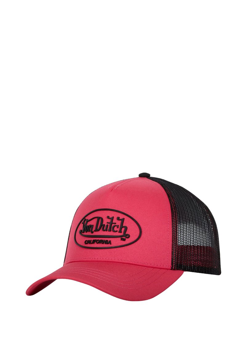 Rosa Trucker-Cap mit schwarzem Netzback, gebogenem Schirm und schwarzem gesticktem Logo auf der Vorderseite. Leichter Stoff mit strukturiertem Design.