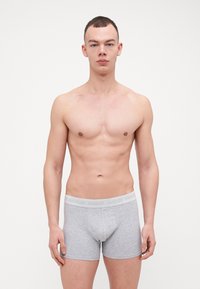 Grå bomullboksershorts med elastisk midjebånd som har et lysgrått merkenavn. Designet er tettsittende og har en jevn tekstur.