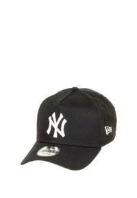 Black baseball cap with a curved visor, featuring a prominent white embroidered "NY" logo on the front and a white tag on the side.