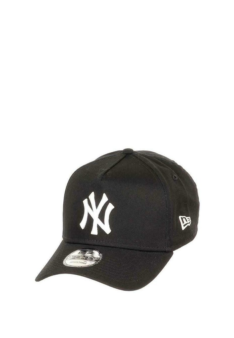 Black baseball cap with a curved visor, featuring a prominent white embroidered "NY" logo on the front and a white tag on the side.