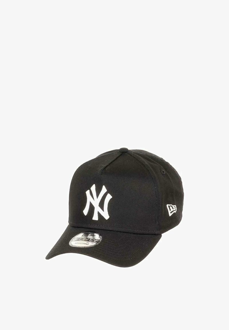 Black baseball cap with a curved visor, featuring a prominent white embroidered "NY" logo on the front and a white tag on the side.
