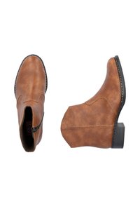 Braune Kunstleder-Ankle Boots mit einer abgerundeten Spitze, Reißverschluss an der Seite und einem gestapelten Absatz. Glatte Textur mit dezentem Stichdetail.