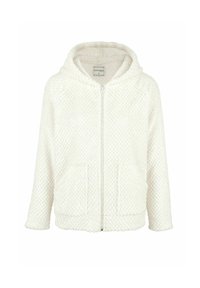 Sweat à zip blanc fabriqué en tissu texturé avec un motif en losanges, doté d'une capuche et de poches avant.