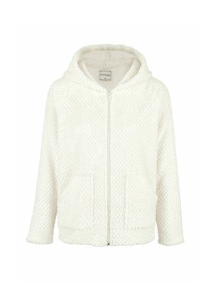 Sudadera blanca con cremallera hecha de un tejido texturizado con un patrón de diamante, que cuenta con una capucha y bolsillos frontales.