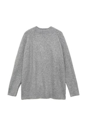 Maglione grigio realizzato in materiale morbido, con un classico colletto rotondo, maniche lunghe e polsini e orlo ribattuti. Texture liscia.