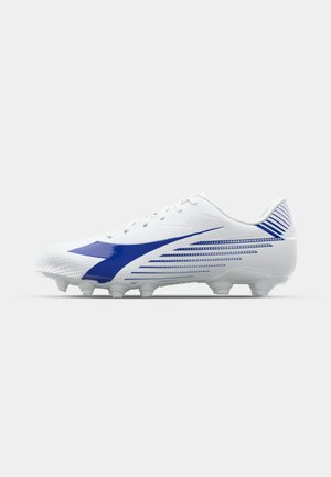 Ciorap de fotbal alb cu accente albastre, având un upper texturat, vârf rotund și dungi diagonale contrastante pe lateral.