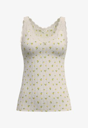 Débardeur blanc avec des motifs de citrons jaunes et de feuilles vertes, présentant un col en dentelle et une texture à pois.