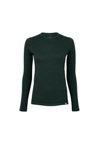 T-shirt à manches longues et col rond en vert foncé, fabriqué dans un tissu doux et texturé. Présente un logo minimal sur l'ourlet.