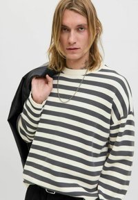 Striped sweater in cream and gray, featuring a loose fit, ribbed neckline, and long sleeves. Fabric appears soft with visible texture.