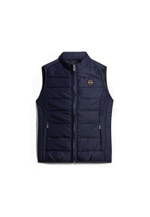 Donkerblauwe gewatteerde vest gemaakt van lichtgewicht stof, met een hoge kraag, zijzakken en een ronde logo patch op de borst.