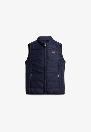 Granatowa puchowa kamizelka z lekkiego materiału, z wysokim kołnierzem, bocznymi kieszeniami i okrągłą naszywką z logo na klatce piersiowej.