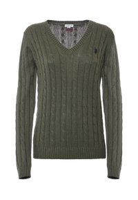 Maglione lavorato a maglia verde oliva con scollatura a V, motivo a treccia e maniche lunghe. Presenta polsini e orlo a costine; logo sul lato sinistro del petto.